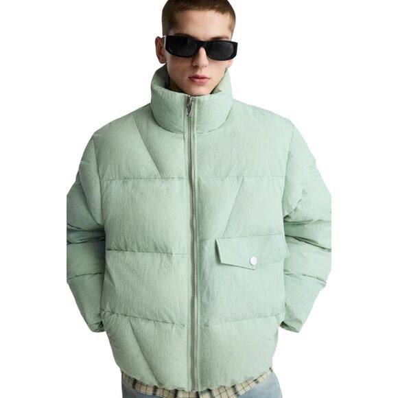 Zara Puffer Jacket Men's Green Mock Neck Long Sleeve Pocket Detail Zip-Up Medium - Picture 3 of 17